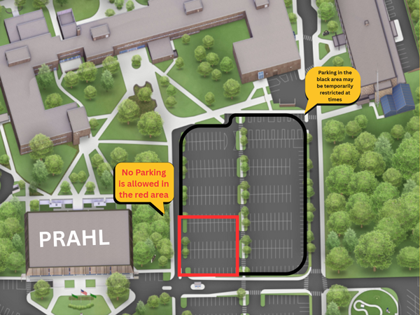 Flat lots adjacent to Prahl College Center indicating where parking is allowed and not allowed during construction