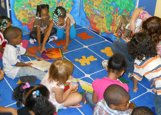 children listening during story time in MCC's Early Learning Childcare Center