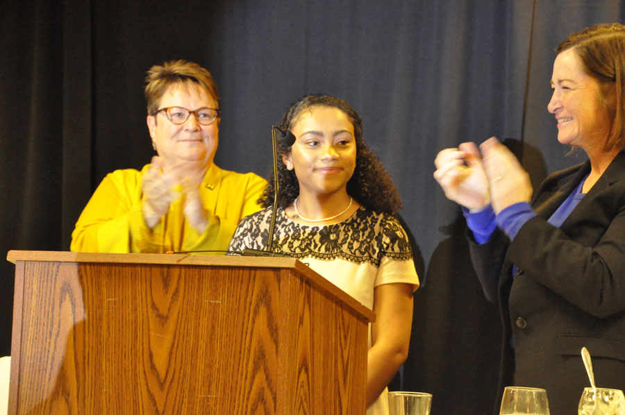 MLK Essay Contest Winner/Alexis Walker from Andrew Schmidt Middle School in Fenton along with Dr. Susan E. Borrego, Chancellor, UM-Flint, and keynote speaker Barbara L. McQuade