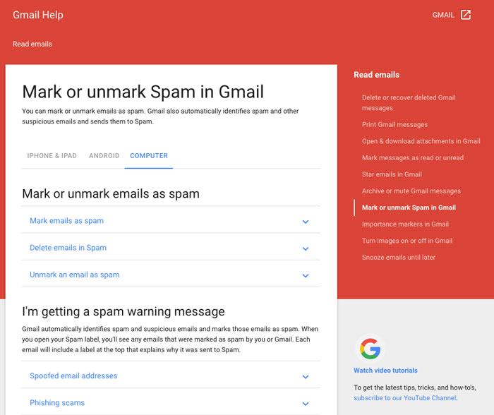 screen shot of Gmail Help Mark or Unmark Spam in Gmail