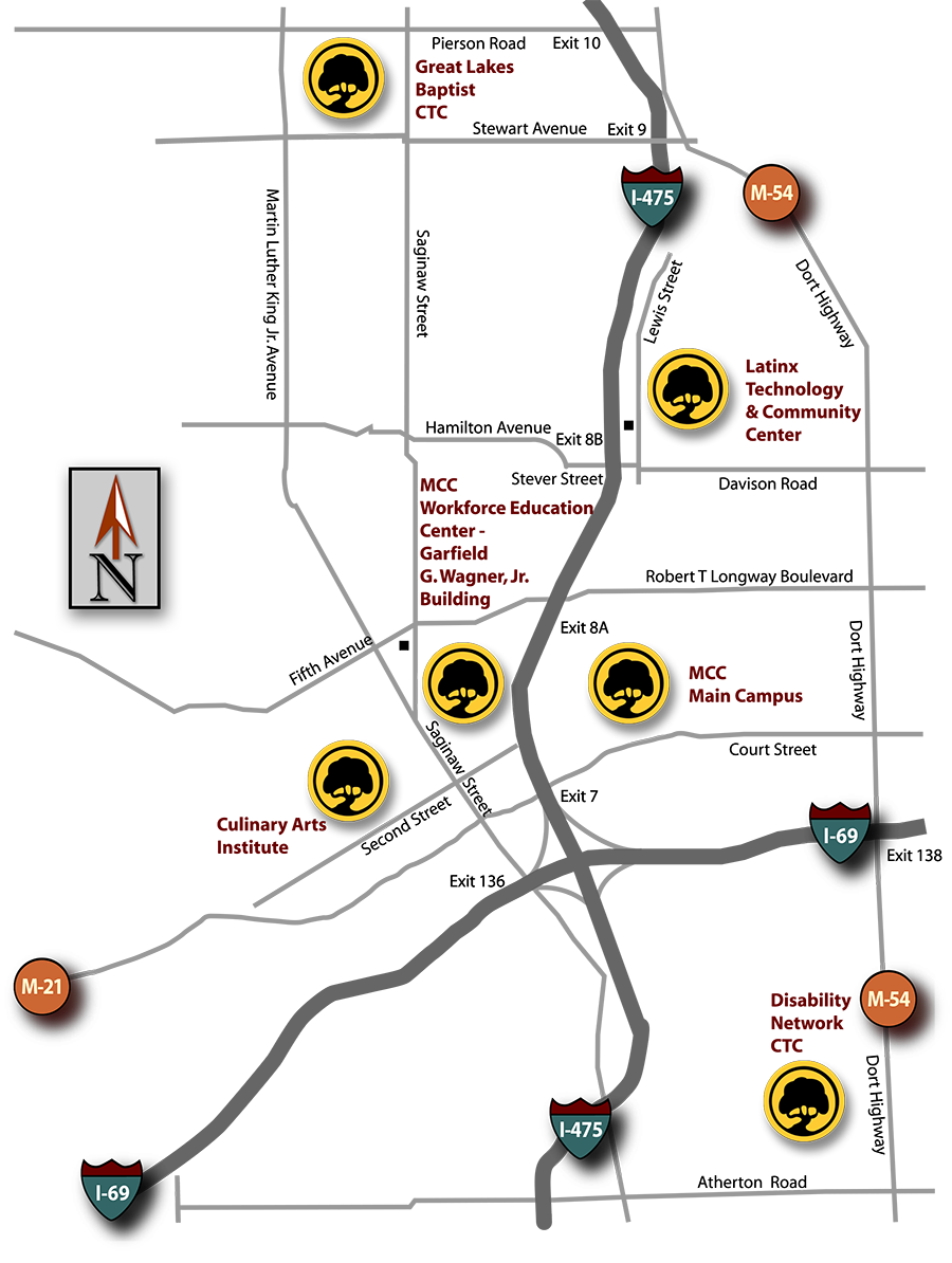 Map of Flint City with Mott Community College Main Campus and surrounding satellite locations highlighted by Mott Tree Logos