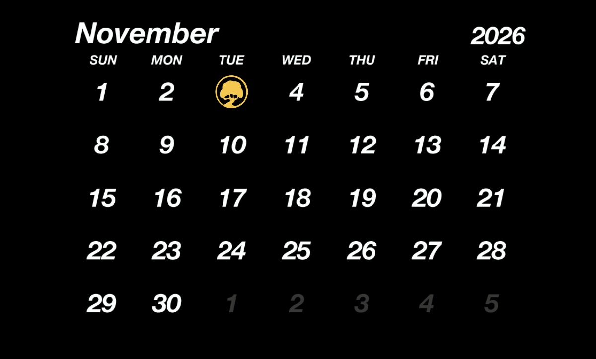 Image of November 2026 calendar dark background with gold lettering with the third highlighed in Mott gold.