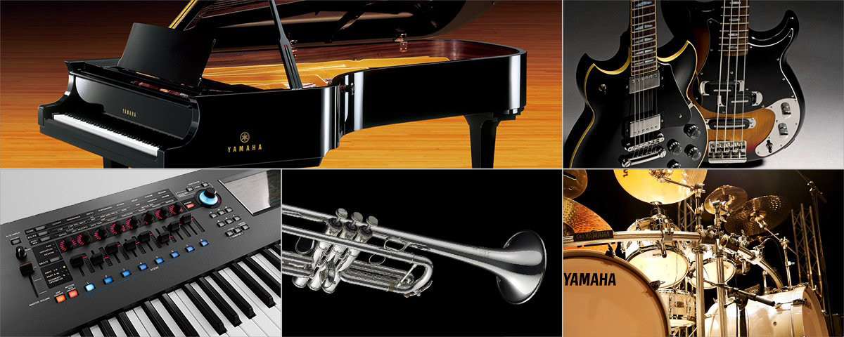 collage of musical instruments piano, guitars trumpet, drums, electronic keyboard