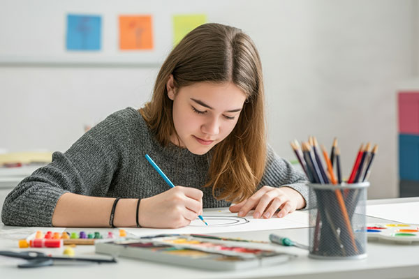 young girl at school desk coloring/drawing
